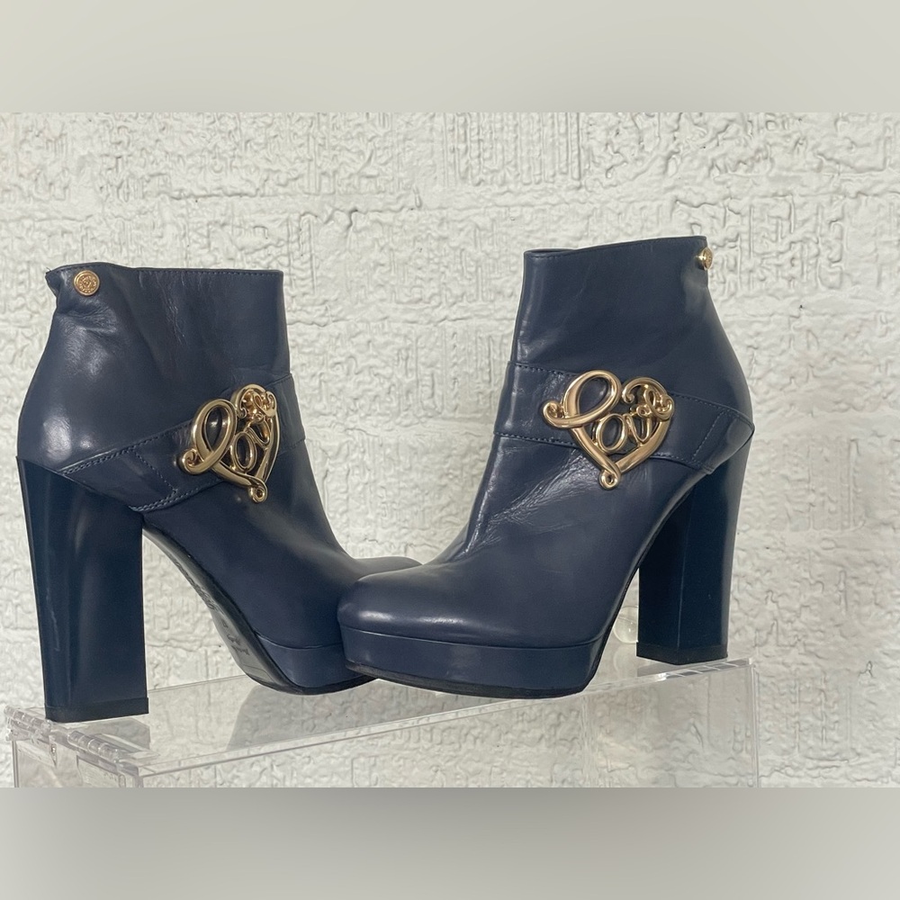 Love Moschino Navy Heeled Boots with Gold Detail SZ37 US 6.5 NEW